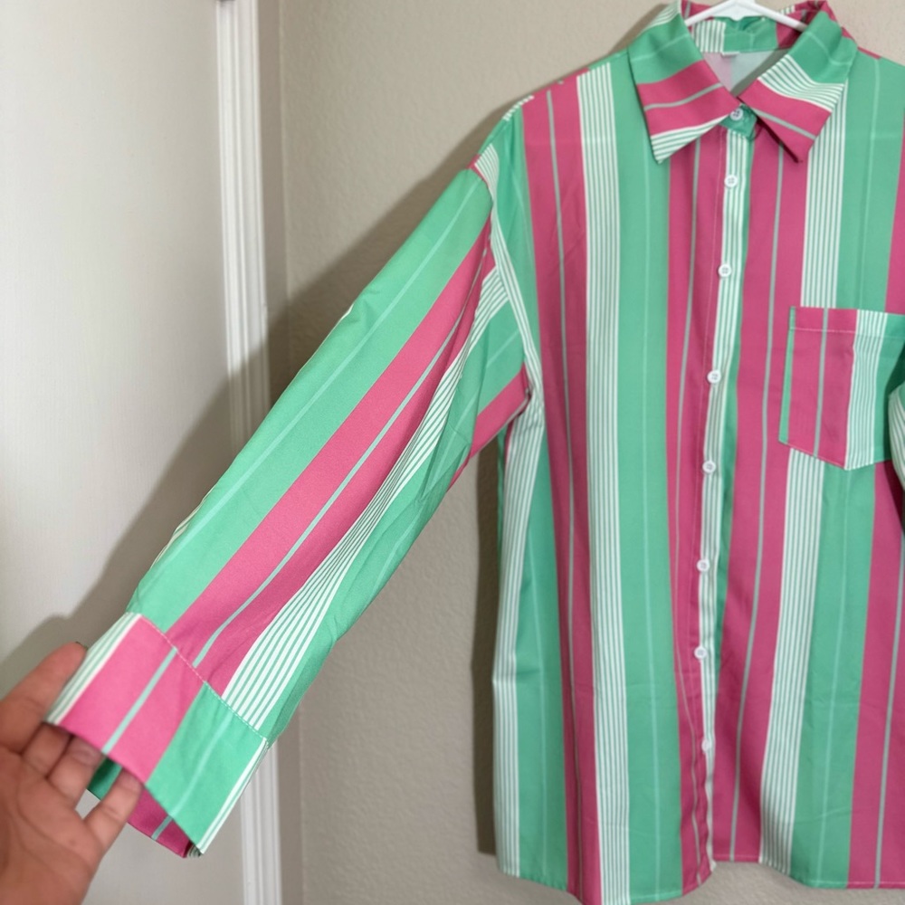 Oversized-Striped Drop Shoulder Button Up Blouse - image 6